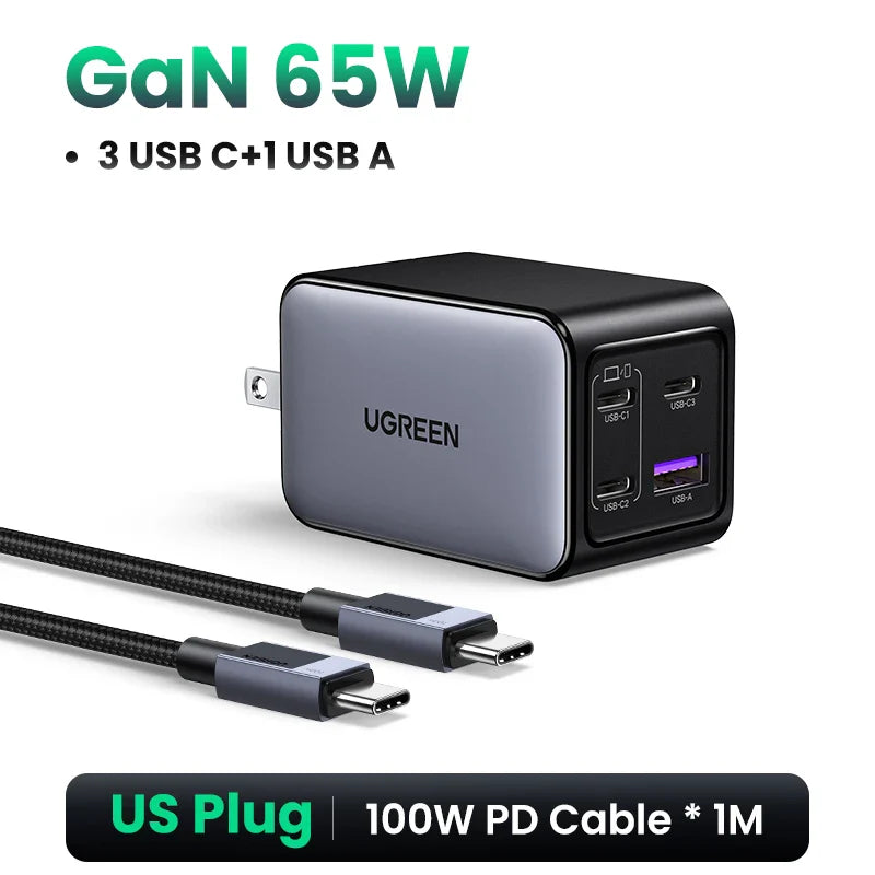 UGREEN 65W GaN зарядний пристрій 4 порти USB C швидка зарядка Quick Charge 3.0 PD 3.0 для Macbook Air, ноутбуків, планшетів, iPhone 16 15 14 Pro Max
