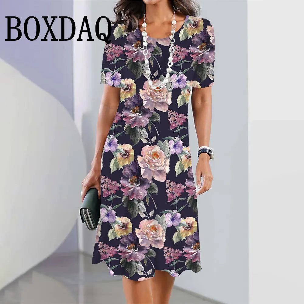 Fashion Flowers Printed Dress Clothing Women's Short Sleeve Summer Elegant O-Neck Mini Dresses Loose Streetwear 2025 New Spring