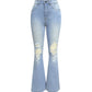 Women Denim Flare Pants Streetwear Jeans Loose Fit High Waist Pockets Holes Ankle Length Solid Color Spring 2024 Zipper Fly