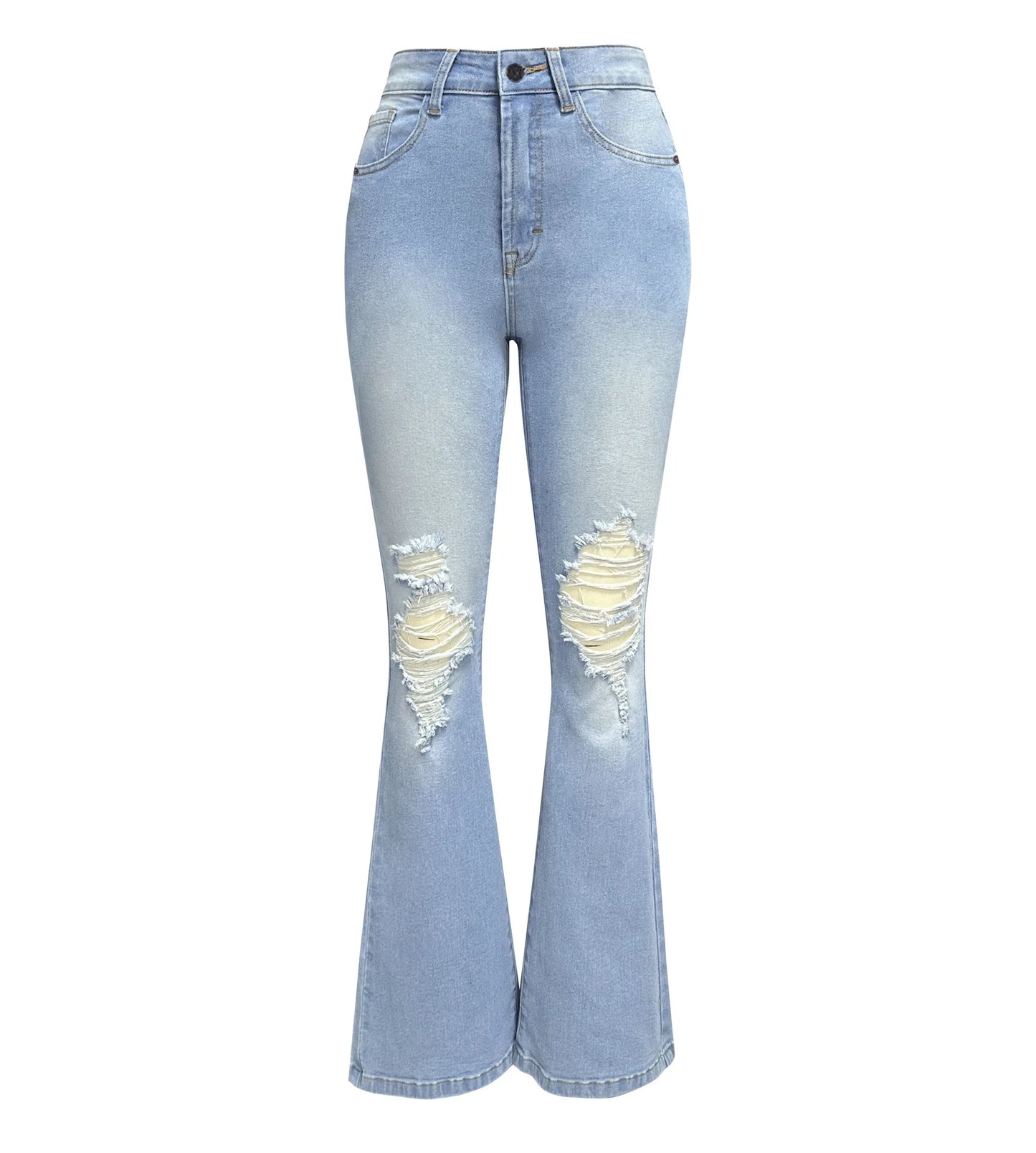 Women Denim Flare Pants Streetwear Jeans Loose Fit High Waist Pockets Holes Ankle Length Solid Color Spring 2024 Zipper Fly