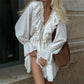 Talenza White Ruffle Bandage Mini Dress Women's Elegant Patchwork Long Sleeve Dress New Slim V Neck Lace Up Summer Mini Dress