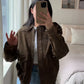 Fashion Brown Suede Bomber Jacket Women Elegant Zipper Lapel Long Sleeve Short Coats Female Vintage Street Chic Lady Outerwear