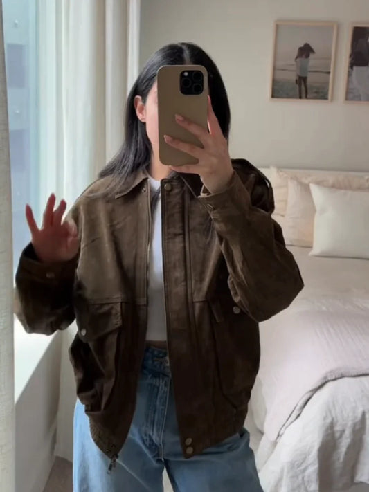 Fashion Brown Suede Bomber Jacket Women Elegant Zipper Lapel Long Sleeve Short Coats Female Vintage Street Chic Lady Outerwear