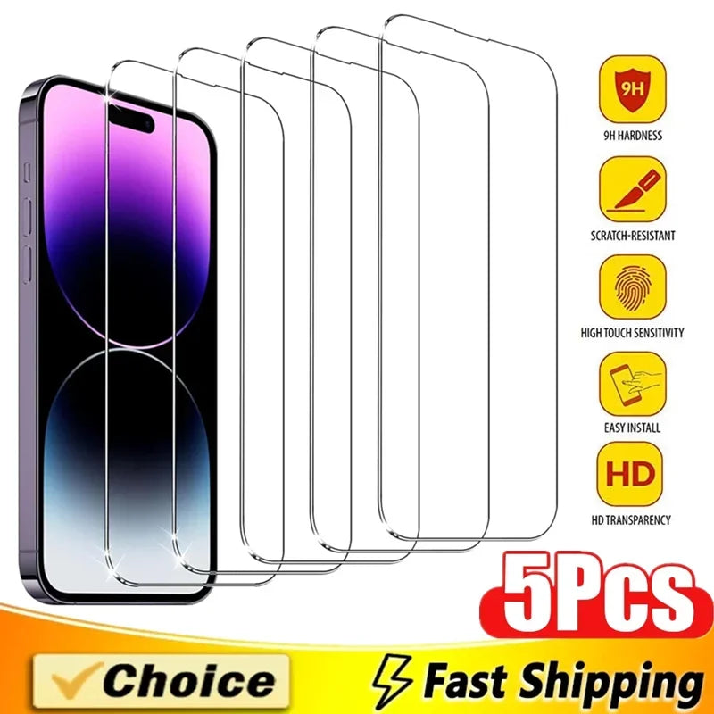 5 шт. загартованого скла для iPhone 15 13 11 12 14 Pro Max Mini захисне скло для екрану iPhone 16 7 8 Plus X XR XS MAX