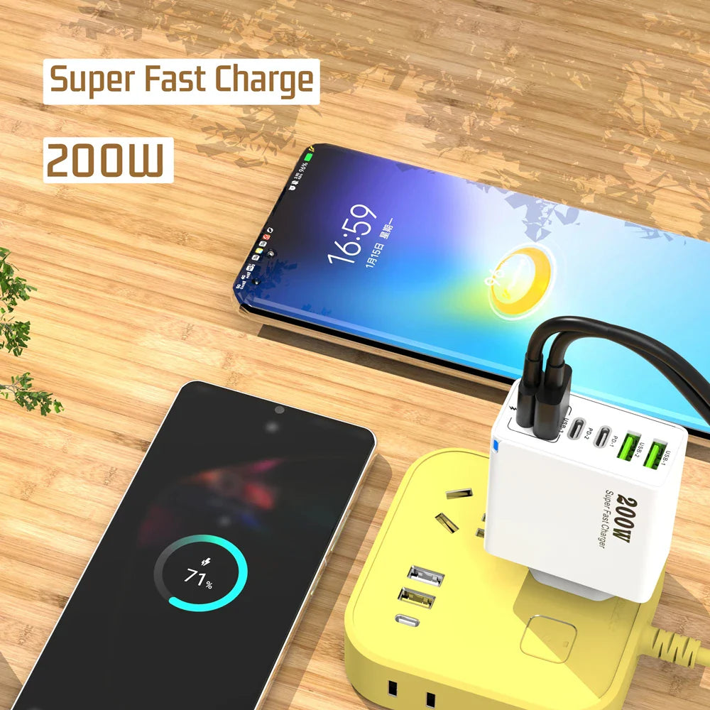 200 Вт 6-портовий USB C зарядний пристрій Супершвидка зарядка PD3.0 USB C Type C зарядний пристрій для мобільного телефону для iPhone 16 SE4 Samsung Xiaomi iPad