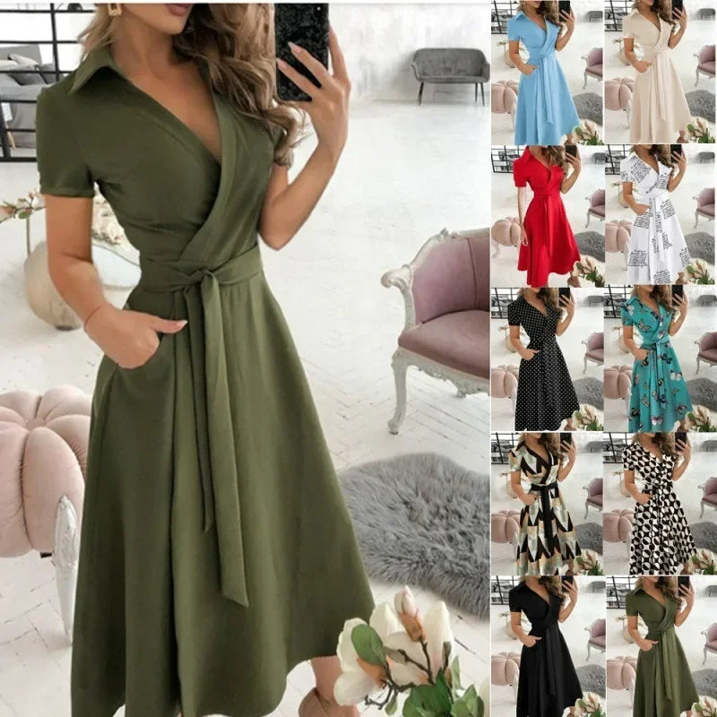 Women Fashion Solid Slim Pocket Lace Up Dress 2023 Spring Autumn Dress Women Casual Printed Short Sleeve V-neck High Waist Dress