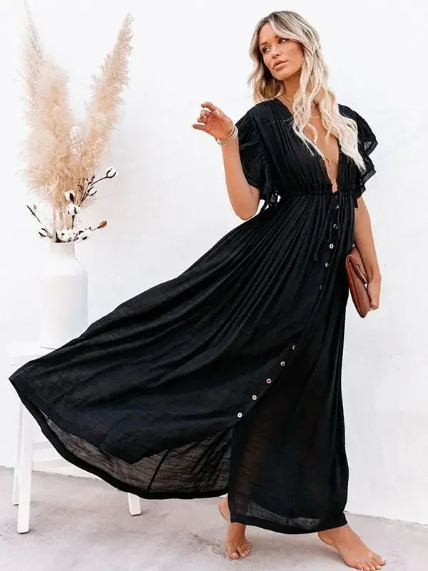 Women Swimsuit Cover Ups Mandarin Sleeve Kaftan Beach Tunic Dress Robe De Plage Solid White Pareo Beach Cover-ups