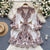 Vintage Print Elegant Puff Sleeve A-line Vneck Mini Dress Casual Women Fashion Autumn Spring Lace-Up Dress Vestidos De Mujer