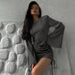Sexy Women Mini Dress Flare Long Sleeve Drawstring Pleated Bodycon Casual Solid Autumn Winter Streetwear Short Dresses