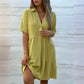 2024 Summer Solid Color Lapel Button Splicing Dresses Women Short Sleeve Dress Female Casual Commuter Cotton Linen Pleated Gown
