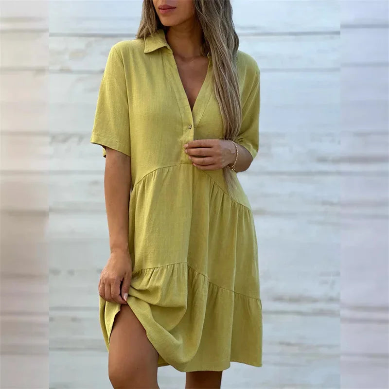 2024 Summer Solid Color Lapel Button Splicing Dresses Women Short Sleeve Dress Female Casual Commuter Cotton Linen Pleated Gown