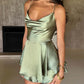 Satin Silk Women Sexy Cami Playsuits Dress Solid Cowl Neck Sleeveless Short Jumpsuits Summer Cross Tie-Up Backless Romper