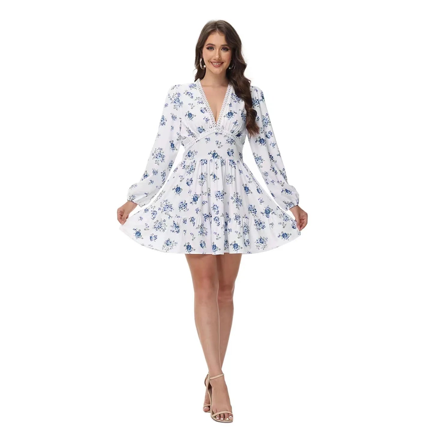 Spring  Autumn Women's New Dress Temperament Sweet Print V-neck Lantern Sleeve Lace High Waist Short Dress