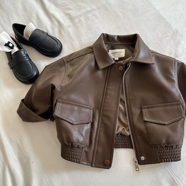 Childrens Jacket 2024 Autumn New Solid Color Collar Leather Jacket for Boys and Girls Baby Short Coat Trendy Simple