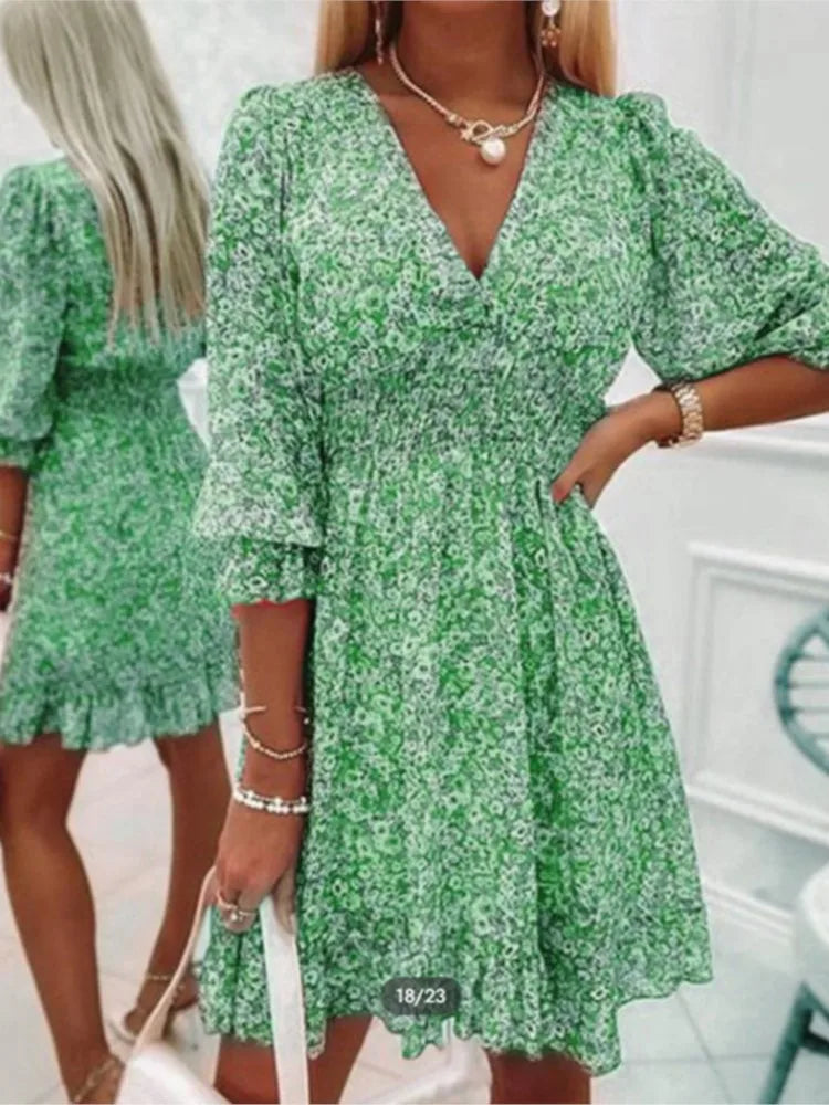 New Boho Print Floral Women Dress Summer Fashion V Neck Short Sleeve Office Elegnat Casual Dresses Female Sweet Beach Dress Robe