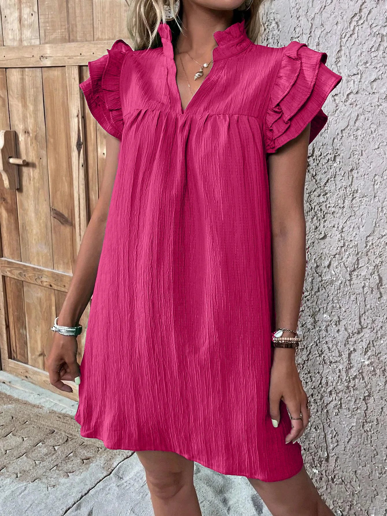 Womens Dress 2024 Summer New Fashion Versatile Multi Layered Ruffle Sleeve V-neck Pullover Dress Green Solid Mini A-Line Dresses