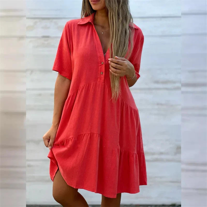 2024 Summer Solid Color Lapel Button Splicing Dresses Women Short Sleeve Dress Female Casual Commuter Cotton Linen Pleated Gown