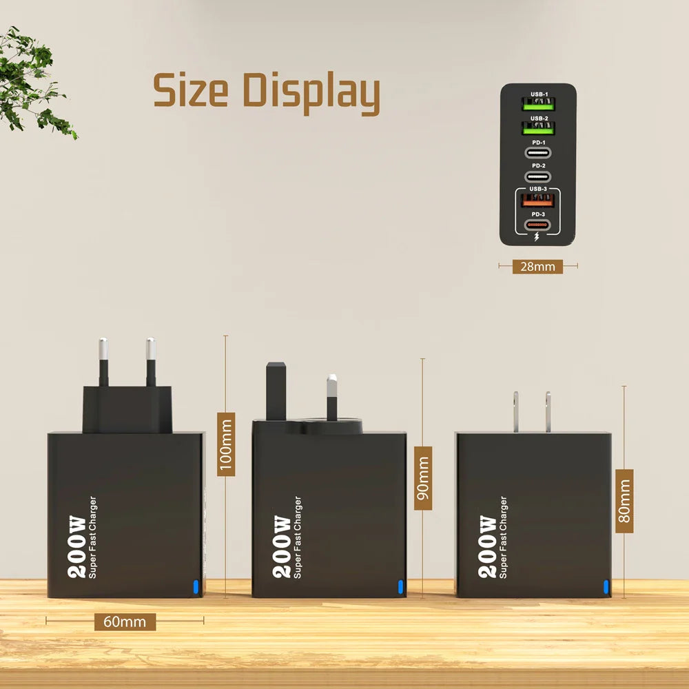 200 Вт 6-портовий USB C зарядний пристрій Супершвидка зарядка PD3.0 USB C Type C зарядний пристрій для мобільного телефону для iPhone 16 SE4 Samsung Xiaomi iPad