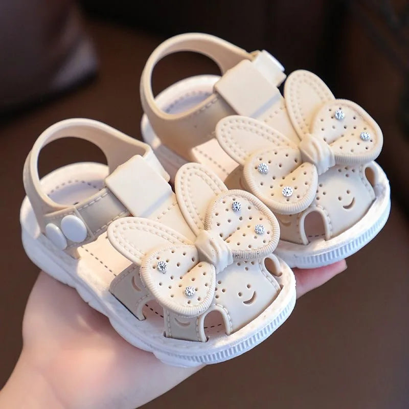 New Summer Aged 0-3 Cute Bow Rhinestone Baby Shoes For Girls Non-Slip Soft-Soled Children Toddler Kids Sandals With Covered Toes