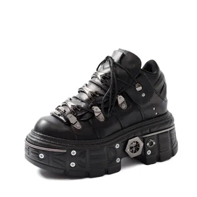 Fashion Women Punk Platform Shoes for Woman's Lace-Up Round Toe Metal Decoration Thin Heels Sneakers Gothic Party Nightclub Shoe
