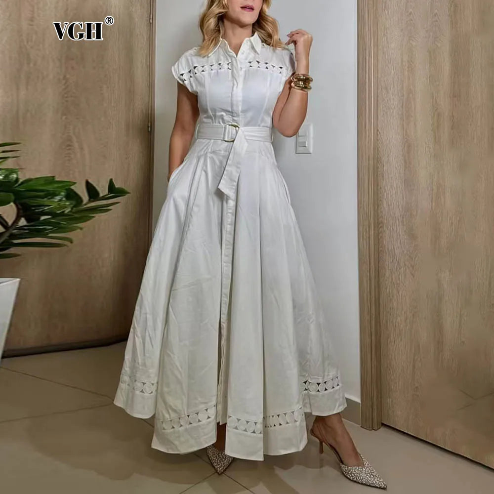 VGH Solid Color Patchwork Sashes Women's Party Dresses Lapel Short Sleeve High Waist Spliced Hollow Out Pleated Dress Female New