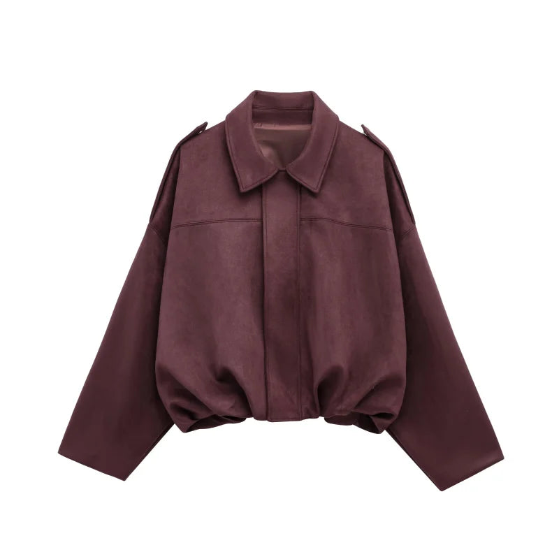 Fashion Brown Suede Bomber Jacket Women Elegant Zipper Lapel Long Sleeve Short Coats Female Vintage Street Chic Lady Outerwear