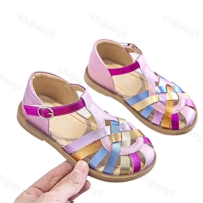 Girls Sandals New 2025 Summer Fashion Princess Party Dress Shoes Kids Colorful Soft Sandals Toddler Children Beach Weave Flats