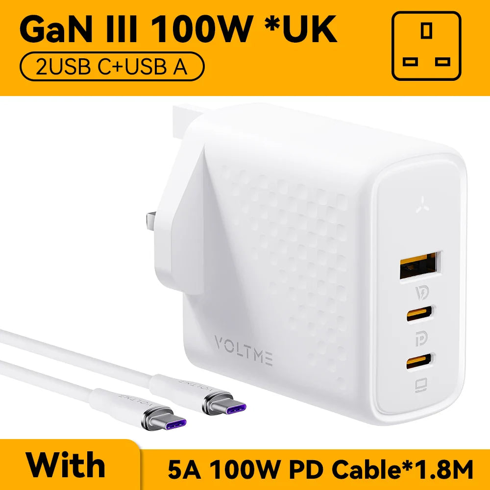 Зарядний пристрій VOLTME 100W GaN для Macbook, планшета, USB Type C, швидка зарядка для iPhone 15 14 13 12, Quick Charge 4.0 3.0