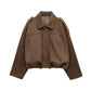Fashion Brown Suede Bomber Jacket Women Elegant Zipper Lapel Long Sleeve Short Coats Female Vintage Street Chic Lady Outerwear