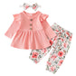 3Pcs Autumn Baby Girl Clothes Sets Infant Newborn Long Sleeve Tops Floral Print Pants Headband Solid Clothing Outfit 0 3-24M