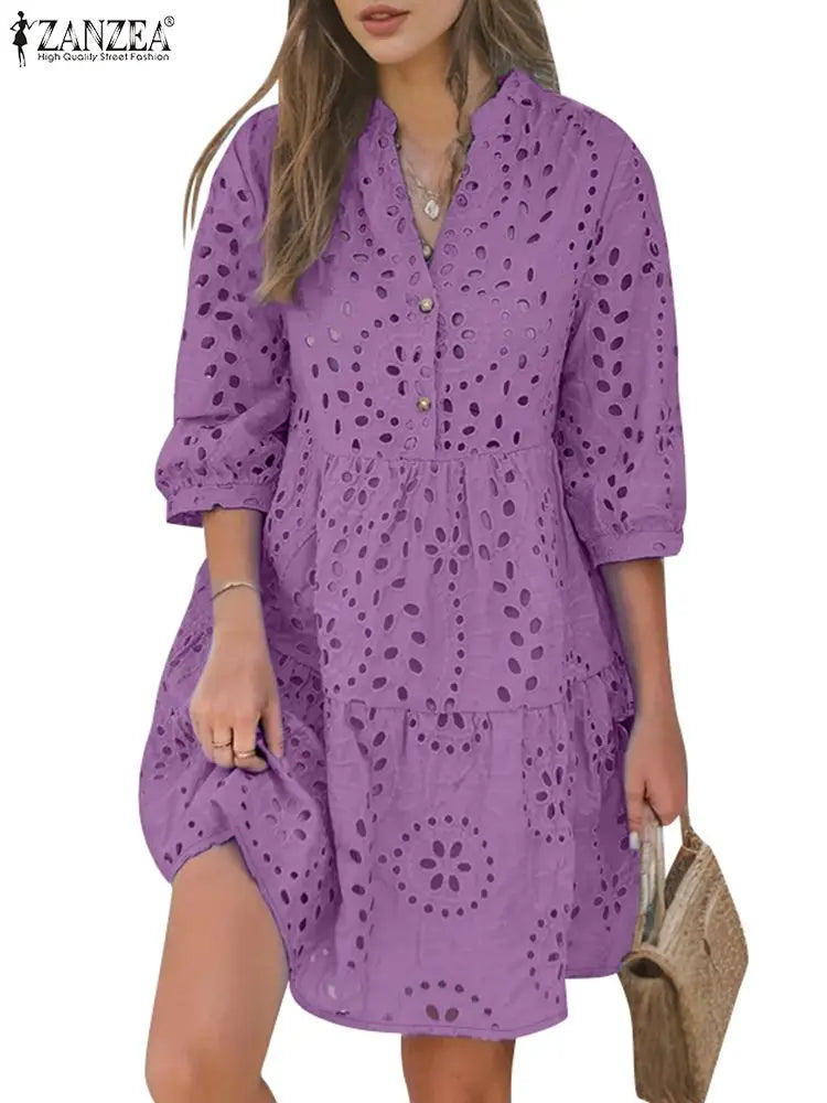 ZANZEA Women Fashion Hollow Out Embroidered Short Dress Holiday Casual Loose 3/4 Sleeve Knee-length Vestidos Lace Patchwork Robe