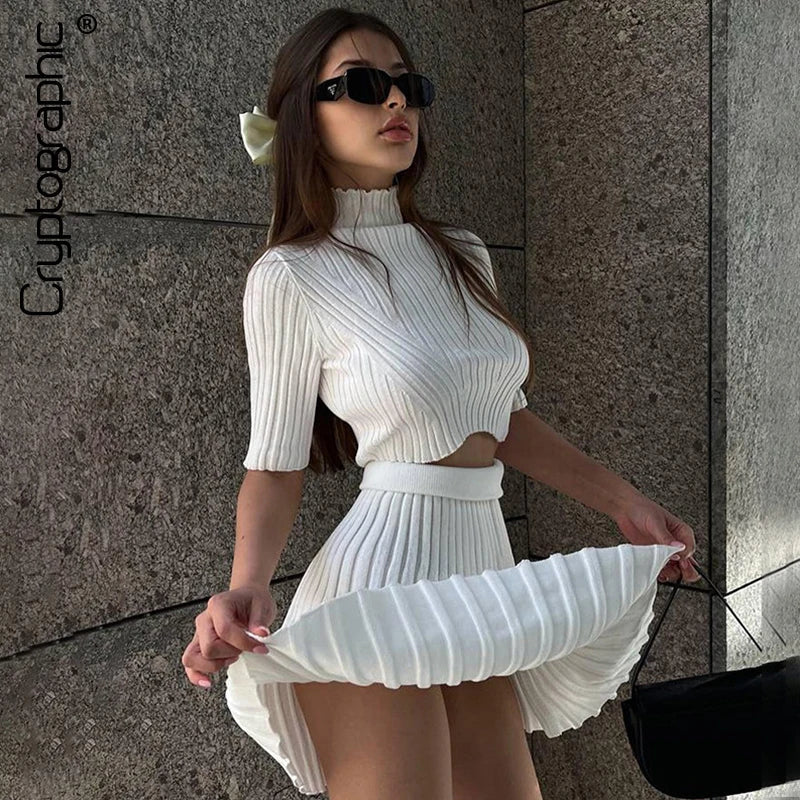 Cryptographic Fashion Elegant Knitted Dress Sets Sexy Pleated Matching Set Outfits for Women Winter Mini Skirts 2 Piece Sets
