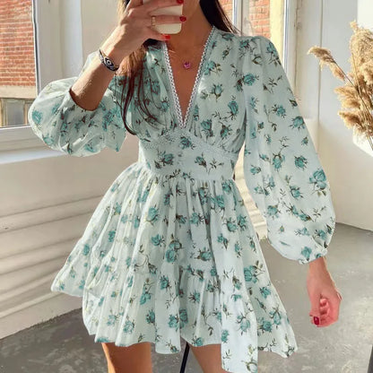 Women's Elegant Midi Vacation 2024 Summer Women's New Style Temperament Sweet Fashion Print V-neck Lace Edge Short Dress