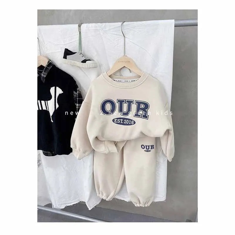 Children's Round Neck Sweater Sets Boys Warm Casual Loose 2Pcs Autumn Winter New Children's Long-Sleeved Letter Sports Suit 2-6Y