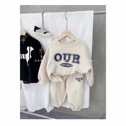 Children's Round Neck Sweater Sets Boys Warm Casual Loose 2Pcs Autumn Winter New Children's Long-Sleeved Letter Sports Suit 2-6Y