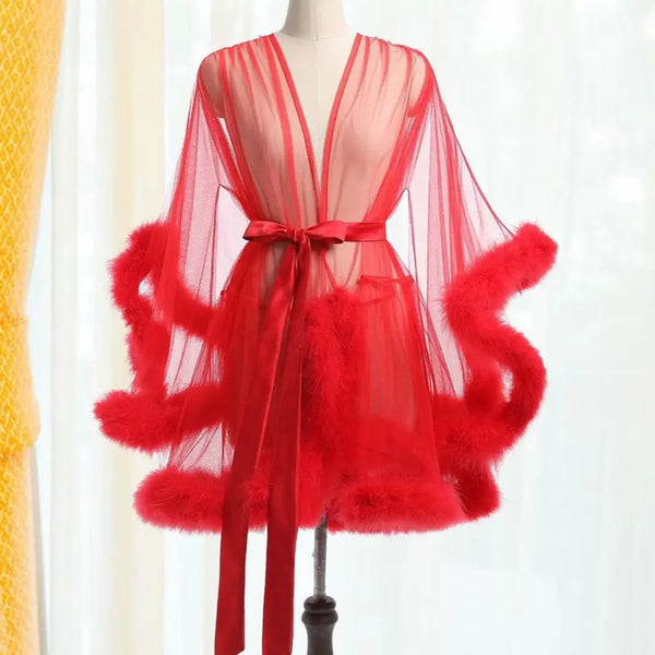 Waist-tie Sleepwear Elegant Mesh Ruffle Nightgown with Adjustable Waist Tie Sexy Plush Trim Sleepwear for Women Pleated Party