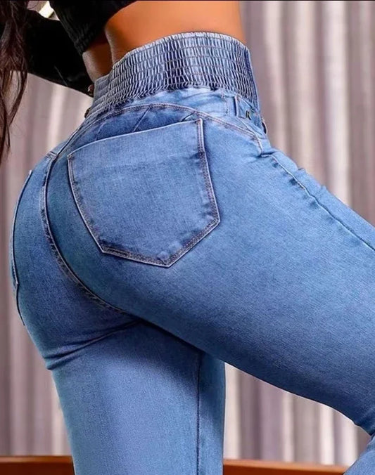 Streetwear Women's New Jeans Back Shirred Button Front High Waist Jeans Temperament Commuting Casual Comfortable Jeans
