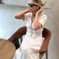 Elegant V Neck Denim Patchwork Knitted Long Dress Women Fashion Short Sleeved Buttons Bodycon Dresses Office Lady Pockets Robes