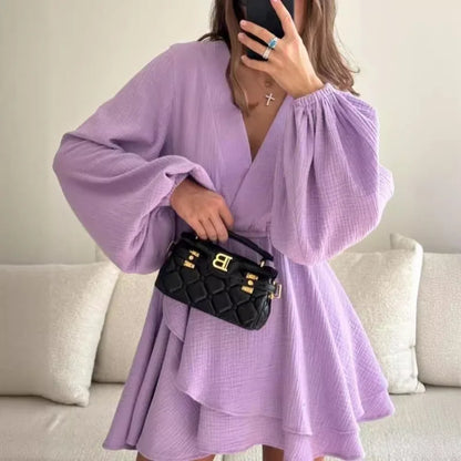 Talenza Ruffle V Neck Long Sleeve Mini Dress Women's Fashion Sexy Loose Dress Elegant Ruffle High Waist Casual Slim Party Dress