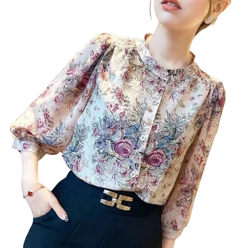 Vintage Elegant Women's Chiffon Shirt O-Neck Lantern Sleeve Printed Top Casual Office Lady trend Slim Shirts and Blouses French