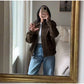 Fashion Brown Suede Bomber Jacket Women Elegant Zipper Lapel Long Sleeve Short Coats Female Vintage Street Chic Lady Outerwear