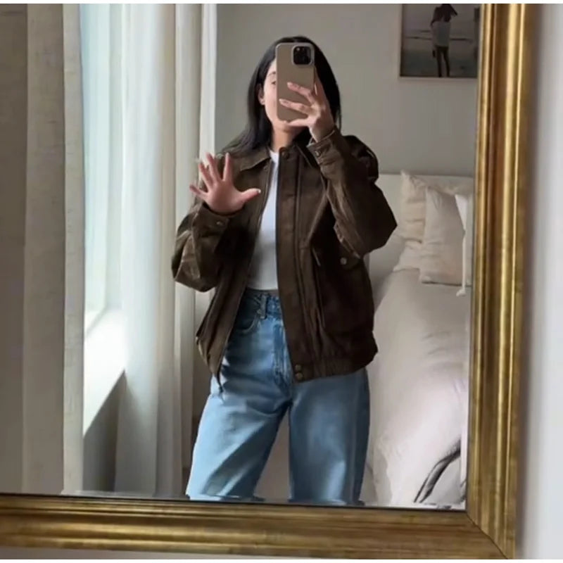 Fashion Brown Suede Bomber Jacket Women Elegant Zipper Lapel Long Sleeve Short Coats Female Vintage Street Chic Lady Outerwear