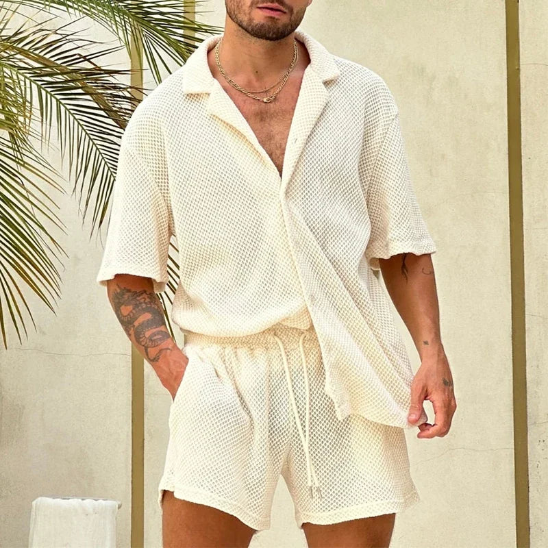 Beach Style Breathable Knitted Mens Set Summer Casual Pure Color Short Sleeve Knit Shirt And Shorts Two Piece Suits Men Outfits