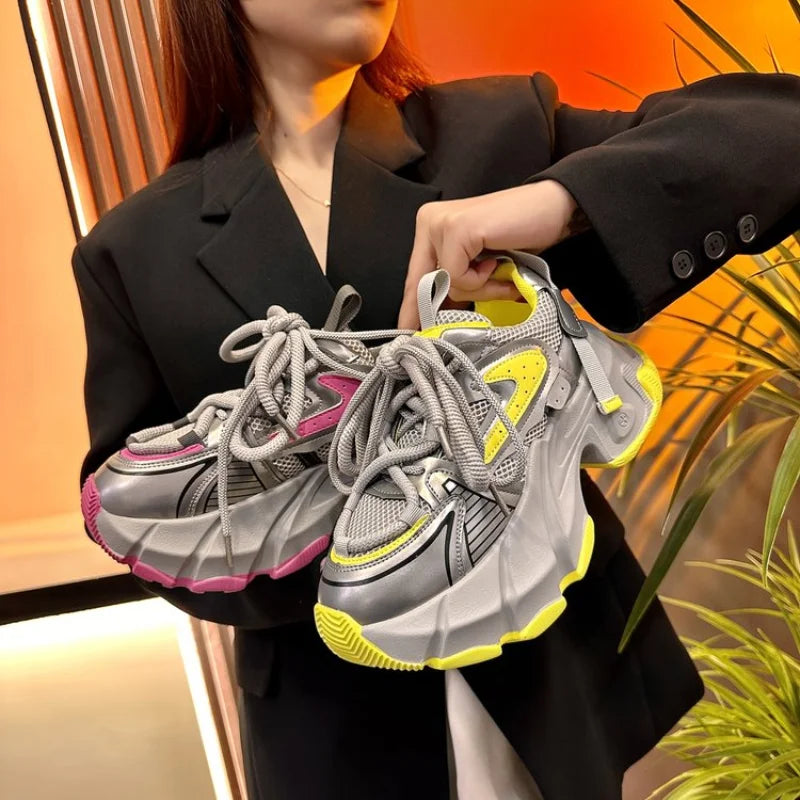 Women High Platform 6CM Casual Sneakers 2024 New Spring Lace-up Chunky Sneakers Korean All-match Designer Street Shoes Woman