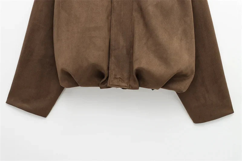 Fashion Brown Suede Bomber Jacket Women Elegant Zipper Lapel Long Sleeve Short Coats Female Vintage Street Chic Lady Outerwear