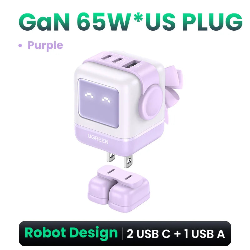 UGREEN 65W GaN Charger Uno Robot Design Quick Charge 4.0 3.0 PPS PD Fast Charger for iPhone 16 15 14 Pro Macbook  Laptop Tablet