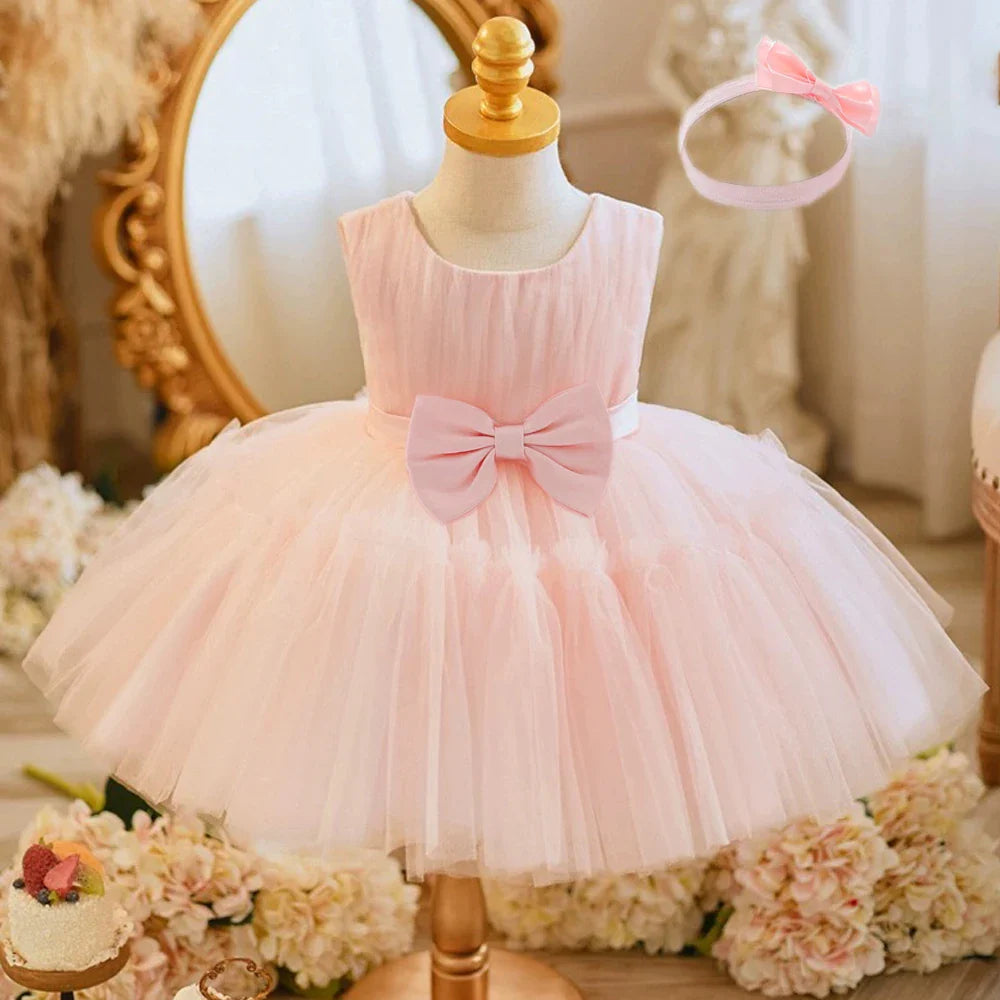 Baby Pleated Girl Princess Dress Outfit Infant White 1st Birthday Baptism Dress Toddler Bow Party Wedding Prom Gown Baby Clothes
