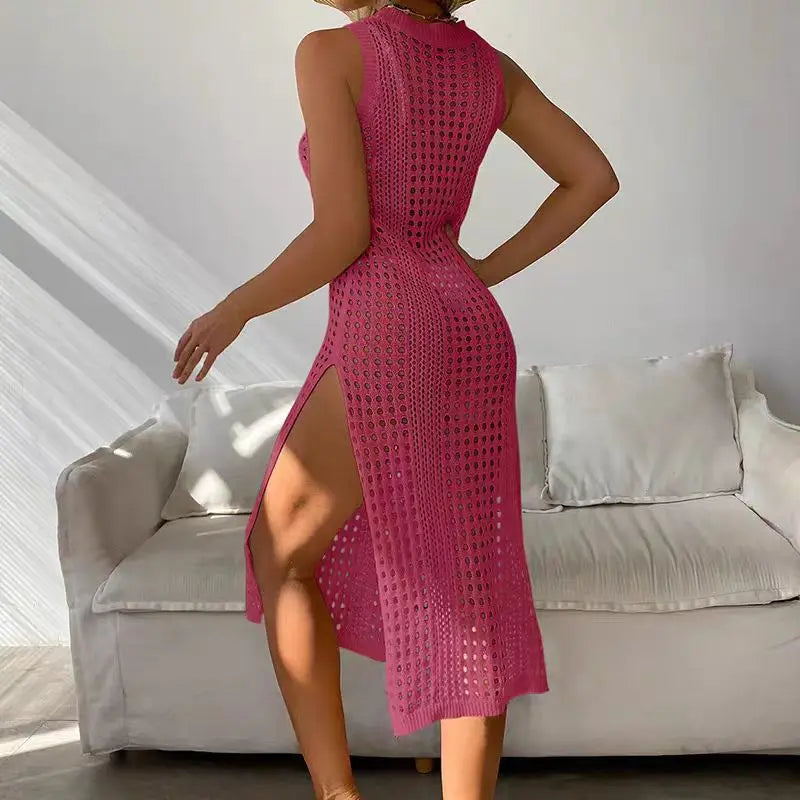 Abrini Women Hollow Out Crochet Cover Up Swimwear Sleeveless Bikini Dress Smock Split Sexy Beach Knitwear Solid Swimsuit