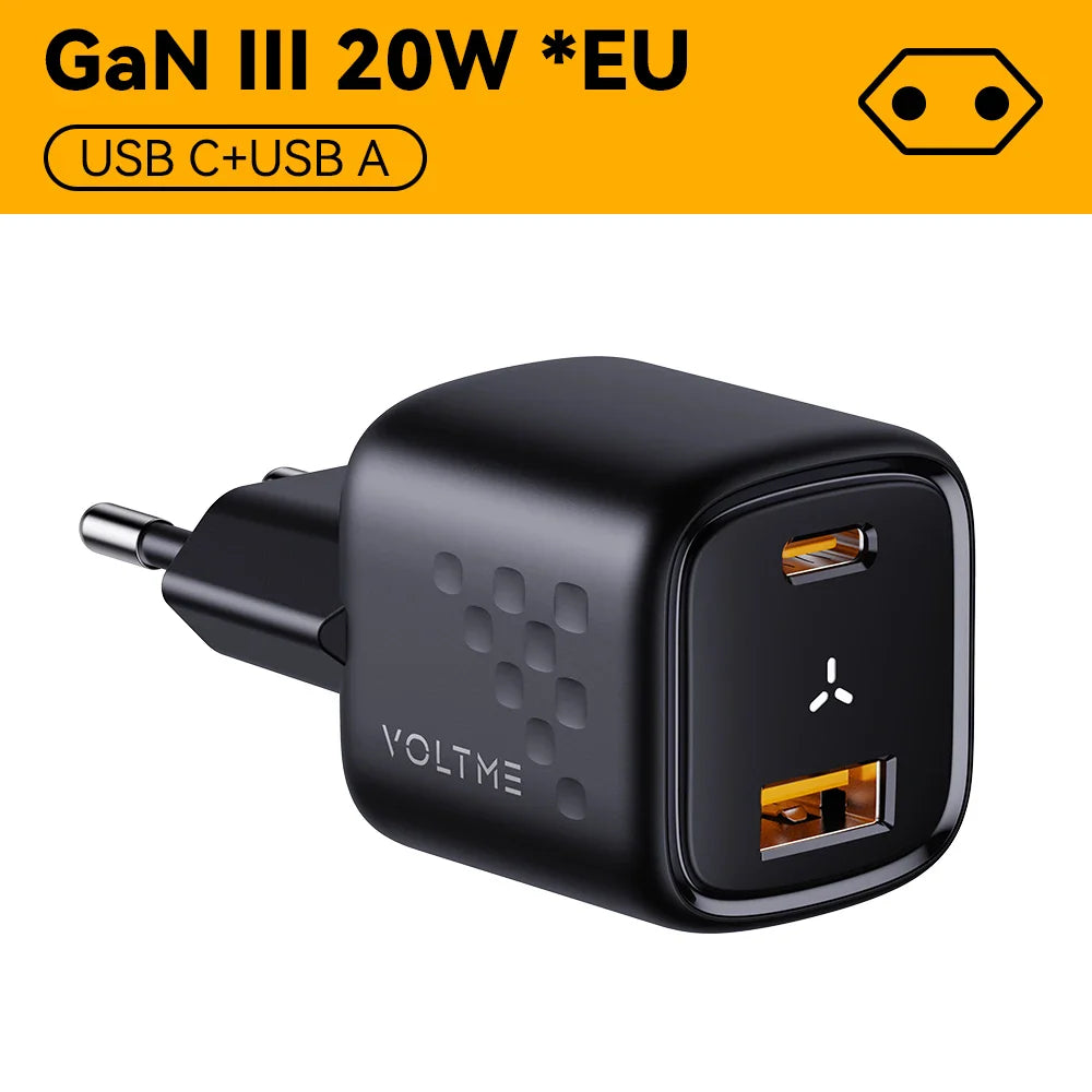 VOLTME USB C настінний зарядний блок 20W Power Delivery + QC3.0 USB A подвійний порт швидкої зарядки Type C для iPhone 15 14 13 12 Pro Max
