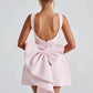 Elegant Pearl Bow Backless Short Dress Women's Sleeveless Party Cute Mini Dresses Black White Pink Chic Birthday Evening Y2K New